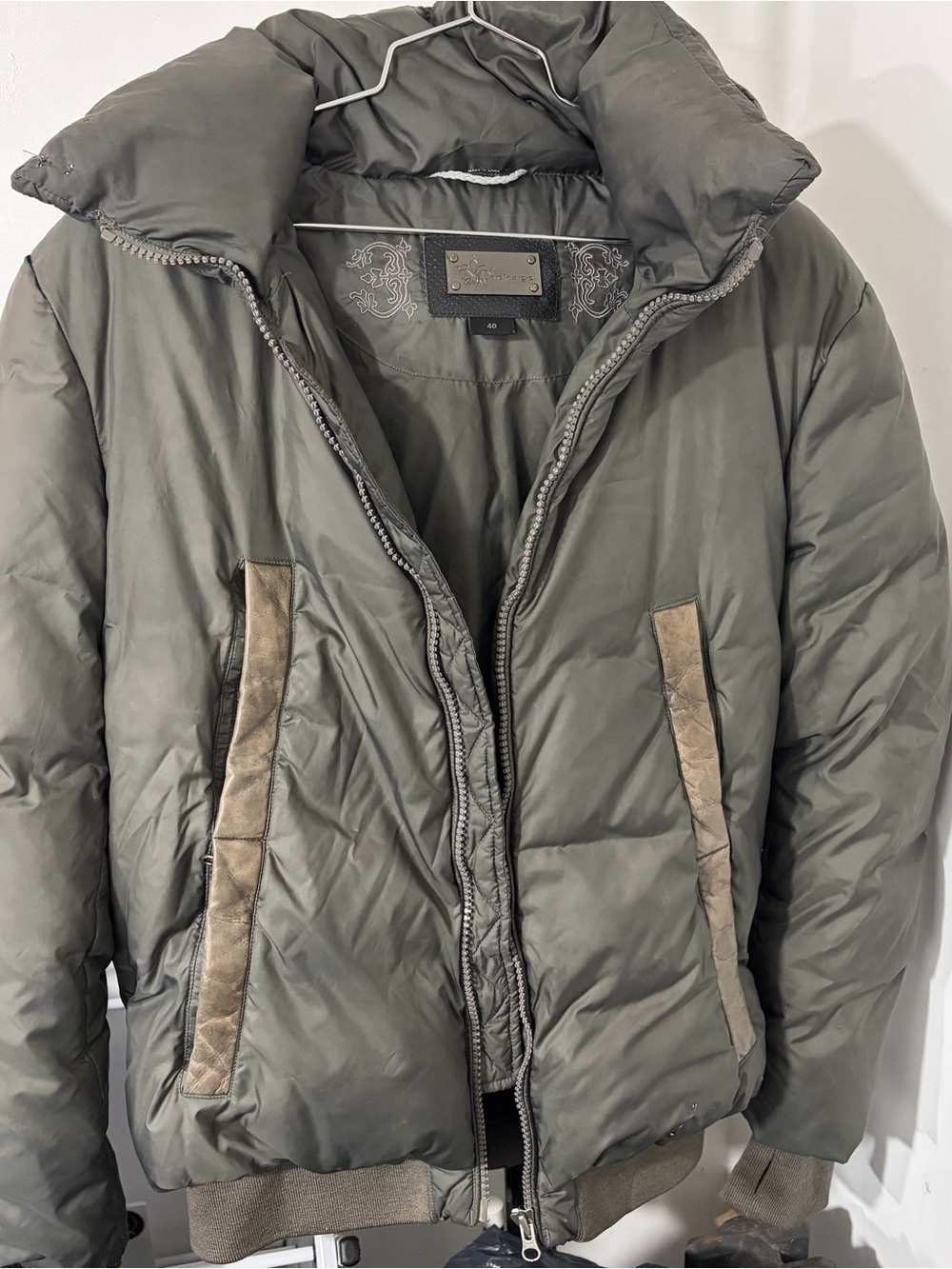 Mackage Men's Olive Green Puffer Jacket with Brown Trim
